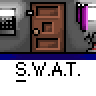 Animated contact sheet showing 12 sequential frames of a pixel-art icon featuring brown doors, purple-and-white devices, and white speech bubbles with black figures, all labeled "S.W.A.T." below each frame.