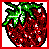 Pixelated strawberry with green leaves, red body, and white speckles on a white background.