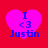 Four identical pink heart-shaped icons with blue text "I <3 Justin" on a red background, arranged in a