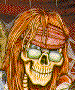 Animated sequence of four pirate-themed skull icons with varied hair, headwear, and expressions against a red patterned background.