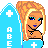 Pixel art contact sheet showing a 3x2 grid of animated frames featuring a blonde cartoon character in blue medical-themed attire with text elements and partial body views.