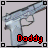 A contact sheet of 23 animated frames showing a silver handgun with changing red text below it, arranged in a 5x5 grid on a gray background.