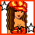 A 3x2 contact sheet of a pixel-art animated buddy icon featuring a female character in red and black attire with star motifs, including close-ups of her face, torso, legs, and text elements "one and only" and "G-brit mami".
