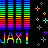 Animated contact sheet of six rainbow-colored audio equalizer frames with "JAX!" text and scattered pixelated stars on black background.
