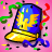 Pixelated icon of a golden boot with blue top and green accents on pink background, surrounded by scattered colored pixels.