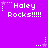 Purple background with white pixelated text 'Haley Rocks!!!!!' and star symbols in various positions