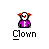 Pixelated clown icon with purple outfit and red hair, showing sequential animation frames of facial expressions and body movement.