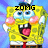 Pixelated yellow sponge character with blue eyes, pink cheeks, red tie, white shirt, brown pants, and dark blue hat, smiling with tongue out against blue gradient background.