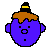 Pixelated blue character with brown hair and black hat, showing two expressions: neutral face on left, open mouth with red tongue and white teeth on right.
