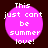 Four identical pink circular icons with white pixelated text reading "This just can't be summer love!" on a dark brown background.