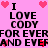 Pixelated pink background with black text repeating "I LOVE CODY FOR EVER AND EVER" and red/pink heart icons scattered throughout.