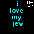 Pixelated cyan text 'i love my jew' on black background with a white heart symbol above the first 'i'.
