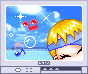 Animated pixel art of a blonde character with blue visor, red top, and musical notes against beach background.