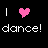 Black background with white pixelated text 'I' and 'dance!' flanking a pink heart symbol.