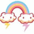 Two cartoon clouds with eyes and mouths under a rainbow, each emitting a lightning bolt from their base.