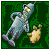Pixelated Futurama character Bender with glowing eyes and a small explosion on dark green background, next to blurry text reading 'futurama' in gray pixels.