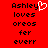 Red background with black pixelated text reading 'Ashley loves oreos fer evvrr' and a white heart symbol replacing the letter O in Ashley.