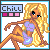 Pixel art of a blonde woman in a purple bikini top and blue bottoms, posed with one leg extended, against a white background with a 'Chill' label and color swatches.