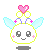 Pixelated character with white face, light blue wings, pink heart on head, and yellow accents in various poses.