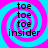 Four identical display a blue and pink spiral background with repeated 'toe' text above 'insider' text in black pixelated font