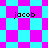 Pixelated cyan and magenta checkered background with four instances of the text 'jacob' in black lowercase letters positioned across different quadrants.