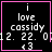 Four identical black square with pink borders display white pixelated text reading "i love cassidy 12.22.07 13"; the top-right and bottom-right include a small pink heart and star symbol respectively