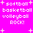 Bright pink background with white pixelated text listing sports terms and 'ROCK!' surrounded by small white plus signs.