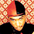 Pixelated image of a figure wearing a red and black hat with a white face and closed eyes against a patterned background.