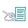 A static icon shows a teal document with horizontal lines and a white or teal pen crossed over it, set against a gray background.