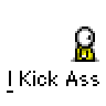 Animated contact sheet of 16 pixel art frames showing a stick figure kicking another stick figure with yellow and red color scheme, each frame labeled "I Kick Ass" below.
