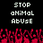 Pixelated text reads 'STOP aNImaL AbUSe' in white on black background with red pixelated shapes below.