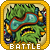 Green cartoon character with blue eyes and red outline, yellow accents on clothing, standing against beige background with 'BATTLE' text below.