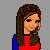 Pixelated image of a woman with long brown hair in red and blue clothing, next to partial figures showing midsection and legs, all above red text on blue background.