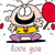 Pixelated character with wide eyes, black mustache, yellow shirt, purple pants, holding red balloon, standing on black line with 'love you' text below.