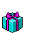 Pixel art of cyan gift boxes with purple ribbons and a black-and-white cat in one box, all on gray background.