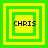 Four identical pixelated squares with green and yellow borders, each containing the text 'CHRIS' in dark brown pixelated font.