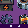 Pixel art of game-related icons on purple and blue backgrounds with 'PREVIEW' labels, including gear, battery, crystal, hammer, skull, coins, book, and weapon items