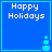 Blue square icon with white pixelated text 'Happy Holidays' and a small light blue snowman graphic in the bottom right corner.