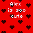 Red background with dark brown pixelated hearts and repeated white text 'Alex is 500 cute' in a pattern