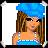 Pixel art contact sheet showing a female character in blue swimwear with brown hair and a blue headscarf across four frames, including full-body view and text "Brunette at Heart".