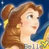A cartoon-style portrait of a woman with brown hair styled in a bun, wearing a yellow dress, with a blue background and the text 'Belle' at the bottom.