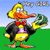 Animated yellow duck with orange beak and feet, wearing black jacket, red bow tie, and purple shirt, holding green object against blue sky and green grass background.