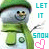 Pixelated green snowman with dark hat, black eyes, brown nose, and blue mouth holding a thin stick; cyan text "LET IT SNOW" on right side.