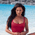 A pixelated image of a woman in a red top standing against a beach background with green text reading 'Original Icons .com' on the right.