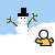Animated contact sheet showing a snowman and yellow figure interacting across 9 frames with varying poses, expressions, and positions against a blue sky background.
