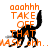 Pixelated orange text overlays a black cat silhouette walking left to right across white and gray backgrounds.