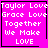 Four identical pink square with white pixelated text reading "Taylor Love Grace Love Together We Make LOVE" and black borders, two containing small symbols