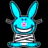 Animated blue bunny with pink nose and striped body, displaying text 'I'm eTaLkInG You.' on a gray background.
