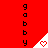Red background with vertical black text 'gabby' and white triangular icons containing red hearts that change from solid to outline.