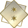 Four diamond-shaped badges with gold borders and layered white backgrounds, each displaying distinct text or star symbols.
